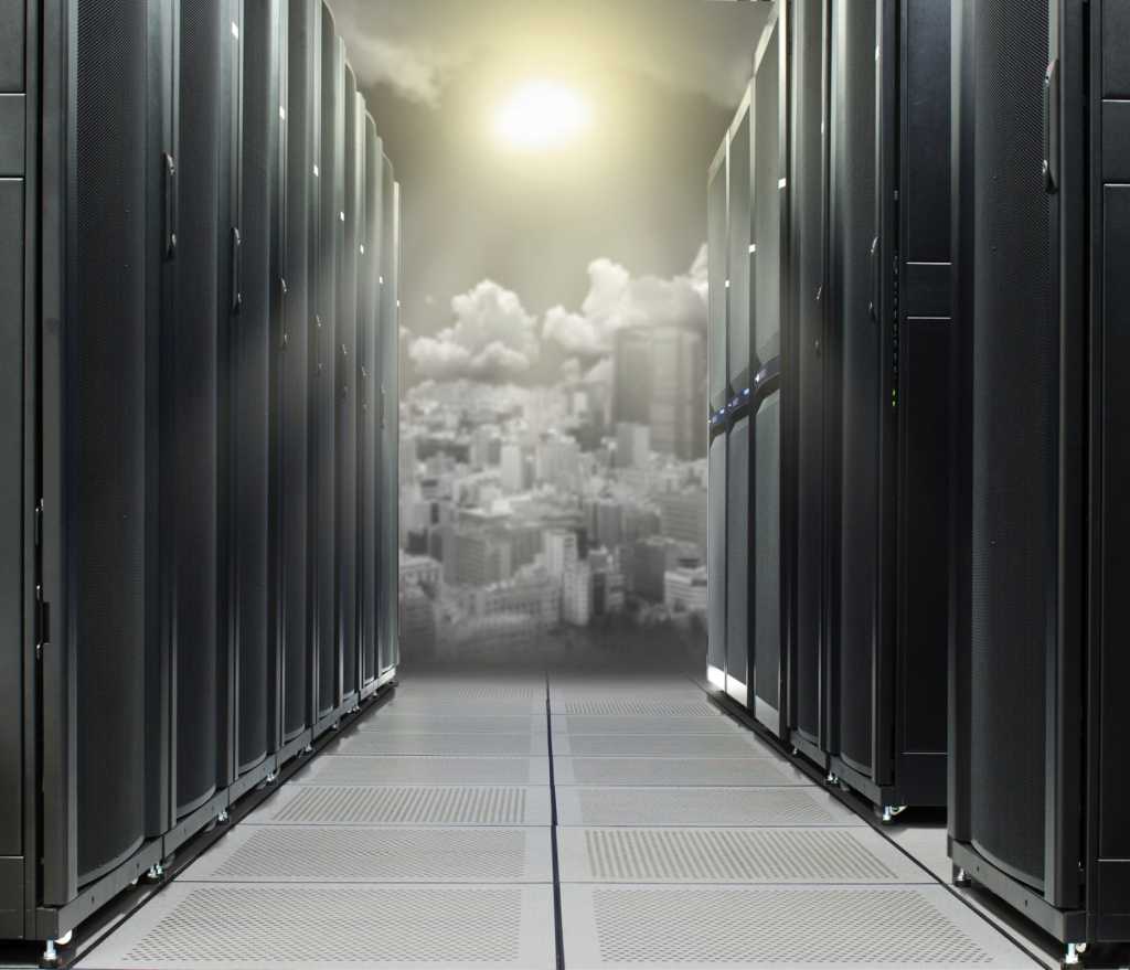 Network room and mainframes with virtual city in the cloud